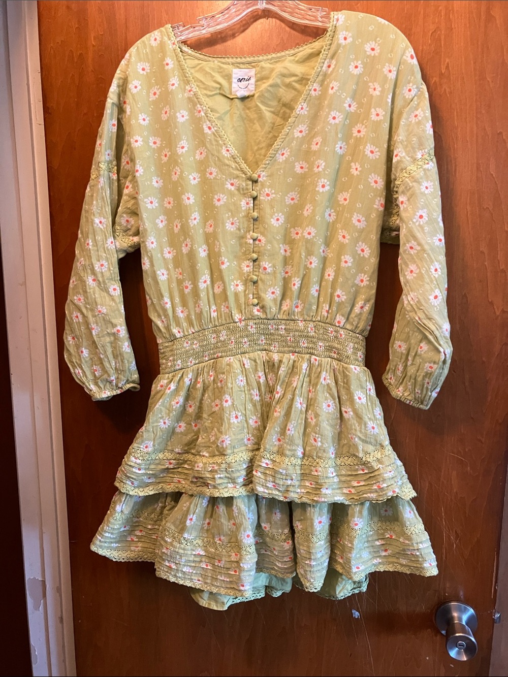 aerie Green Floral V-Neck Dress Size M